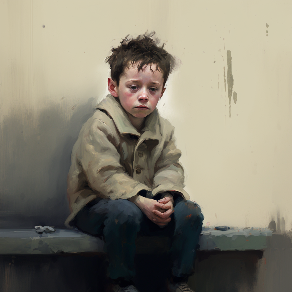 Painting of a sad boy sitting alone and thinking because he is suffering from childhood anxiety