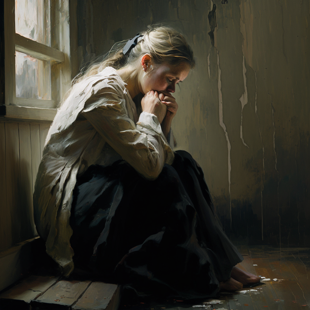 Painting of a lady crying sitting in a room because she is feeling depressed