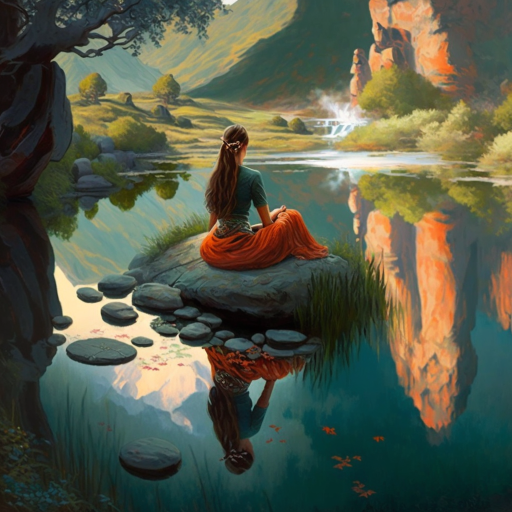Painting of a girl sitting in a serene nature for meditation