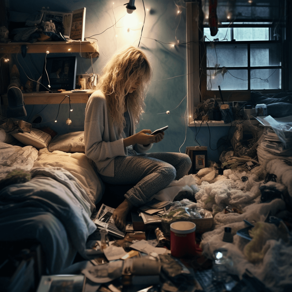 A lady is sitting in her messy room with a mobile phone neglecting her surroundings :  This painting shows why  taking digital detox is important in life