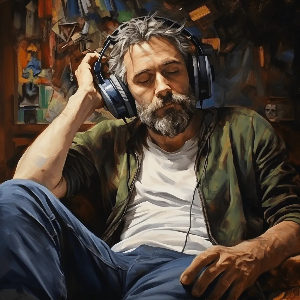 Painting of a man listening to music : Music Therapy can also include listening to your customized playlist