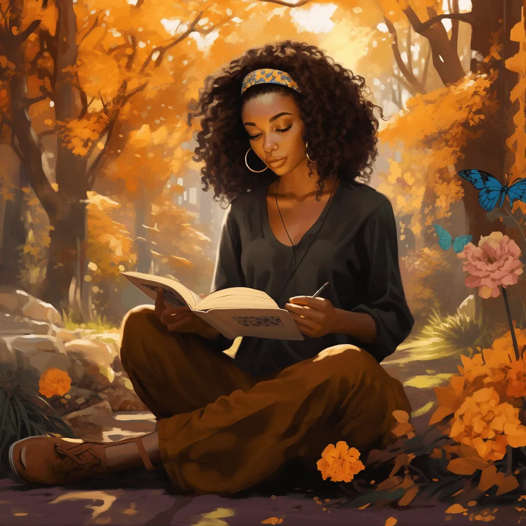 a young lady is journaling her emotions sitting in a serene nature