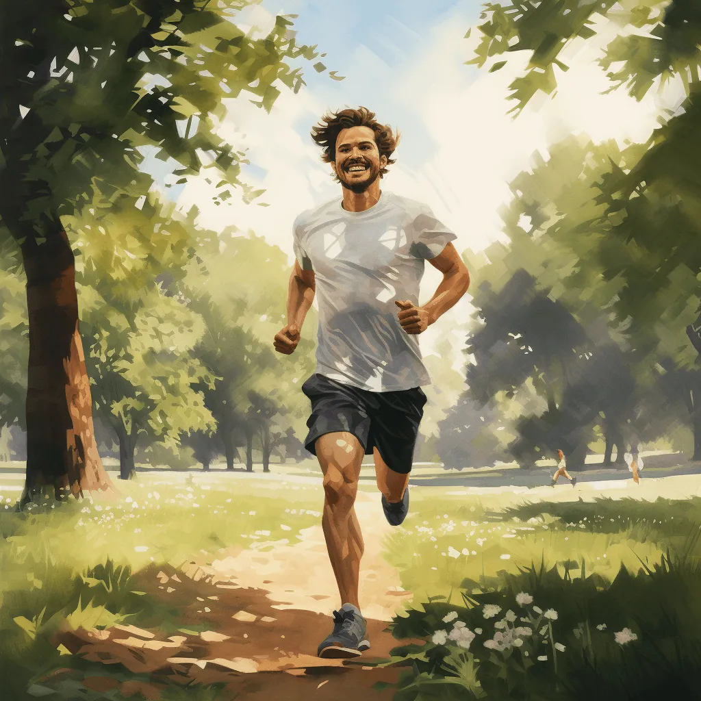 a man is jogging in a park on a sunny day, he is happy and energetic