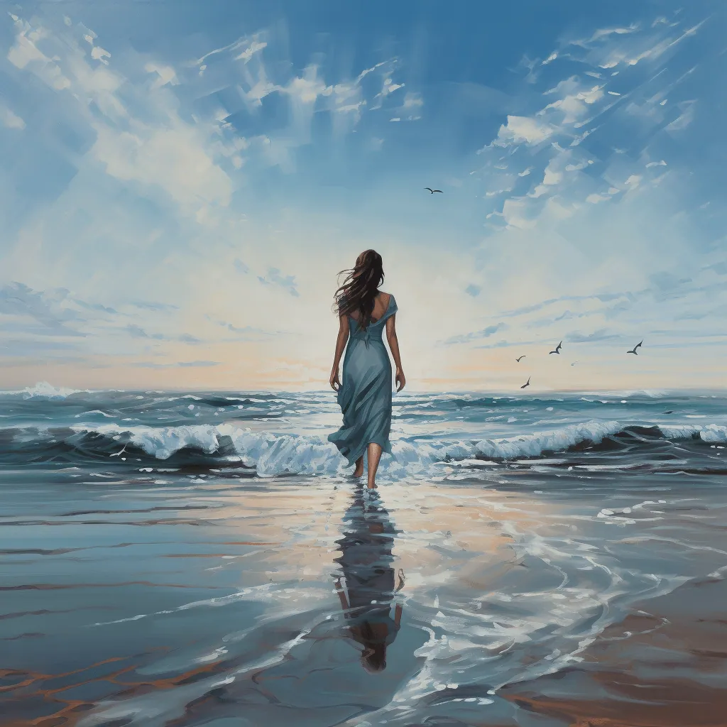 a lady walking towards the sea