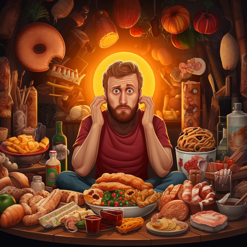 A man is sitting in front of a lot of food and he is anxious.