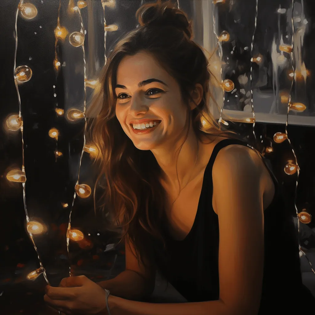 a sitting surrounded by fairy lights, she is smiling and contented.