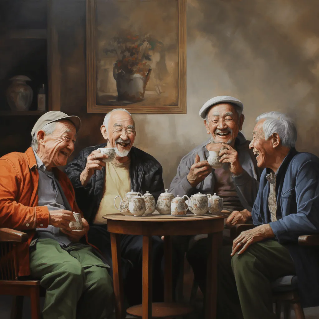 A group of old friends having coffee and is laughing mindfully