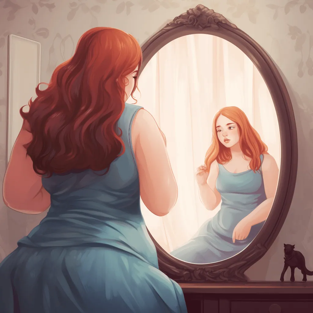 A beautiful, healthy woman gazes at her reflection in the mirror with sadness, highlighting the complex relationship between self-image and self-esteem