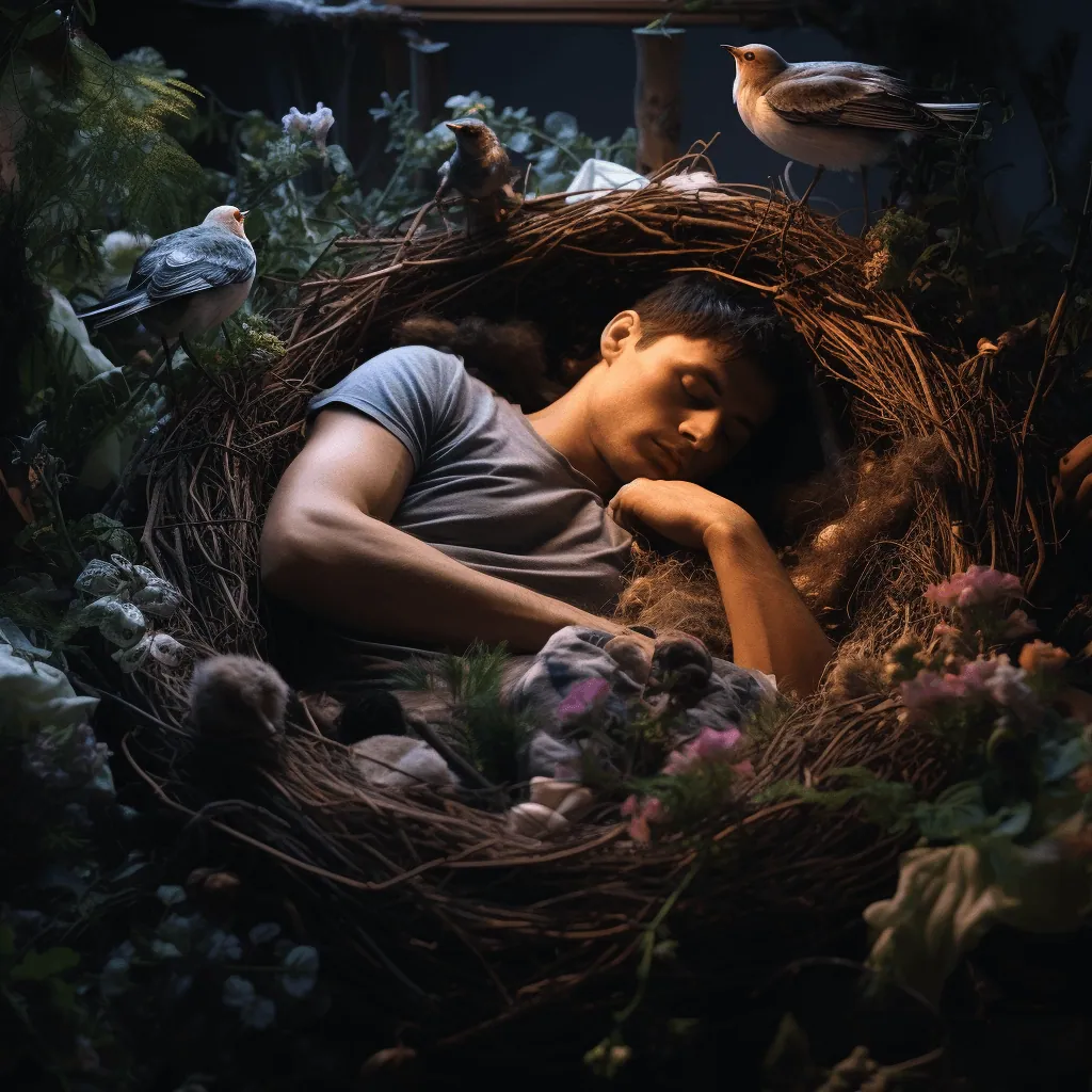 A man is sleeping in a nest peaceful