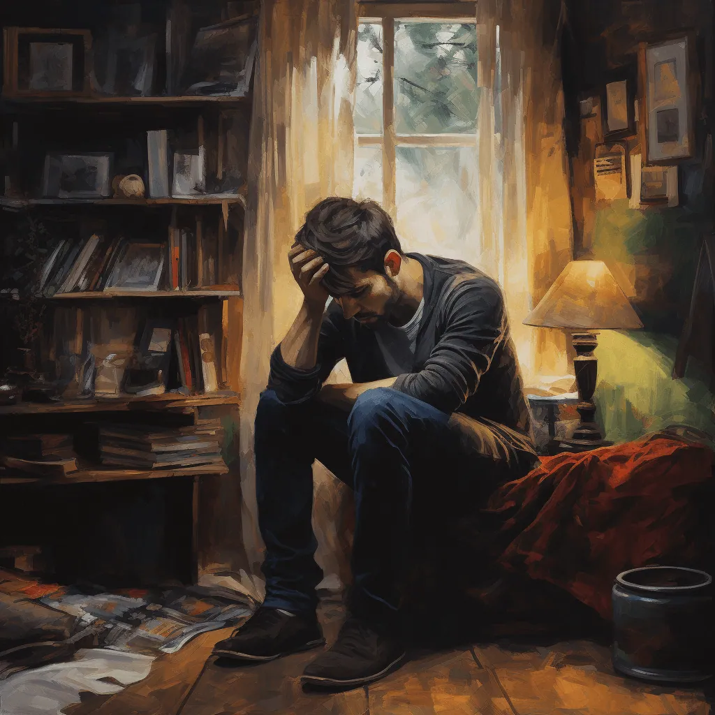 A man is depressed and is sitting alone in his cozy room. He is confused and upset.