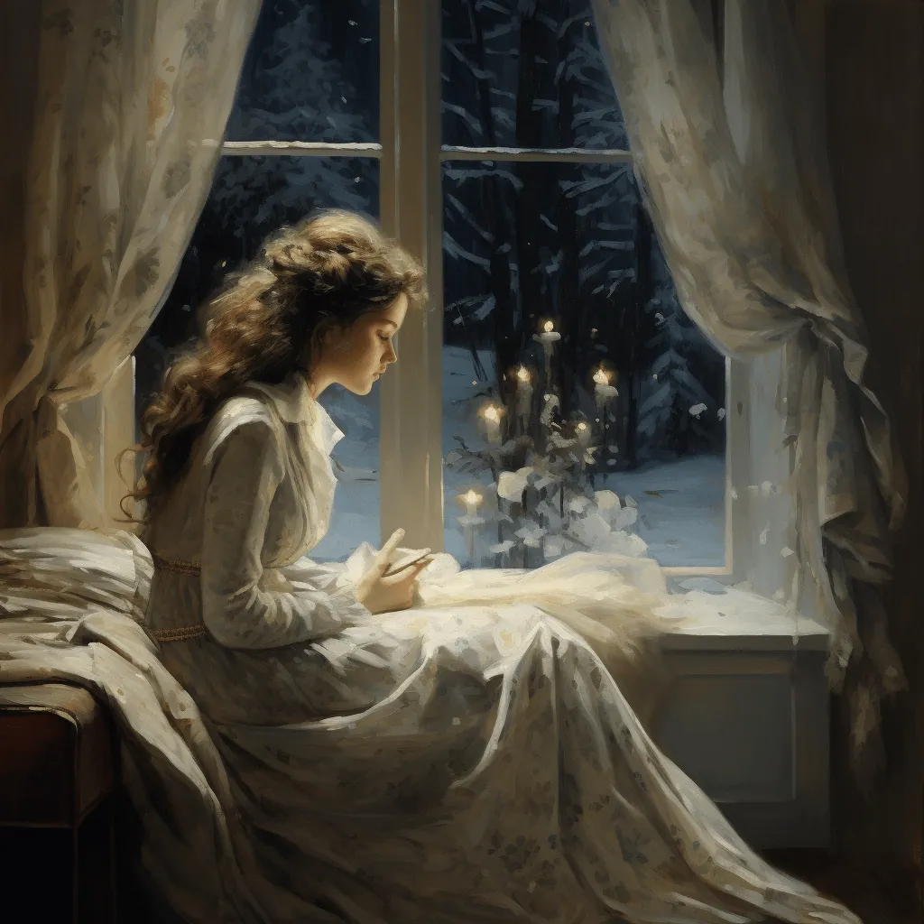 A young lady is sitting in her room, she is upset and lonely, pictured snow fall through the window.