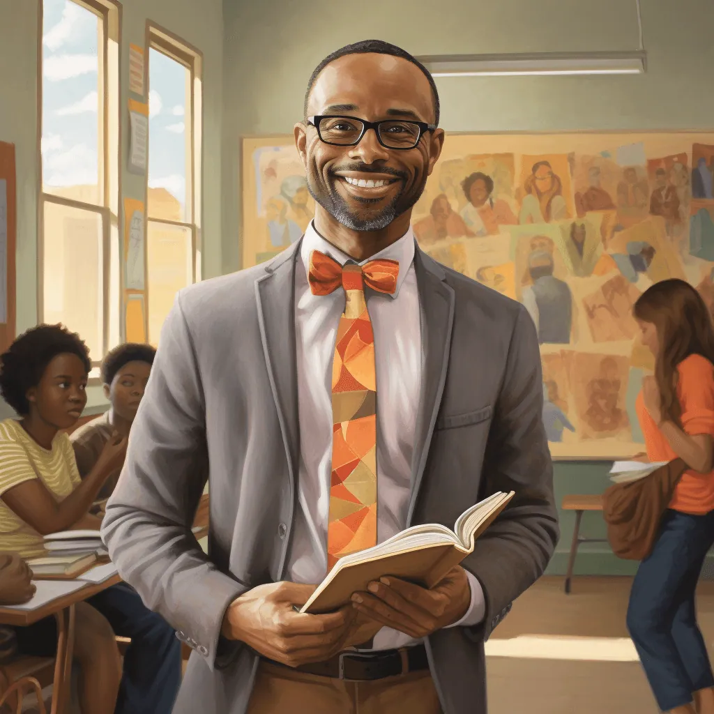 A teacher standing in front of the classroom; and is smiling.