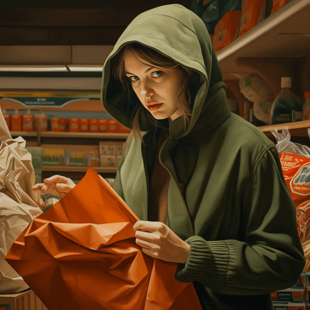 A tense moment captured as a woman attempts to shoplift in a grocery store, concealing the stolen package in her coat