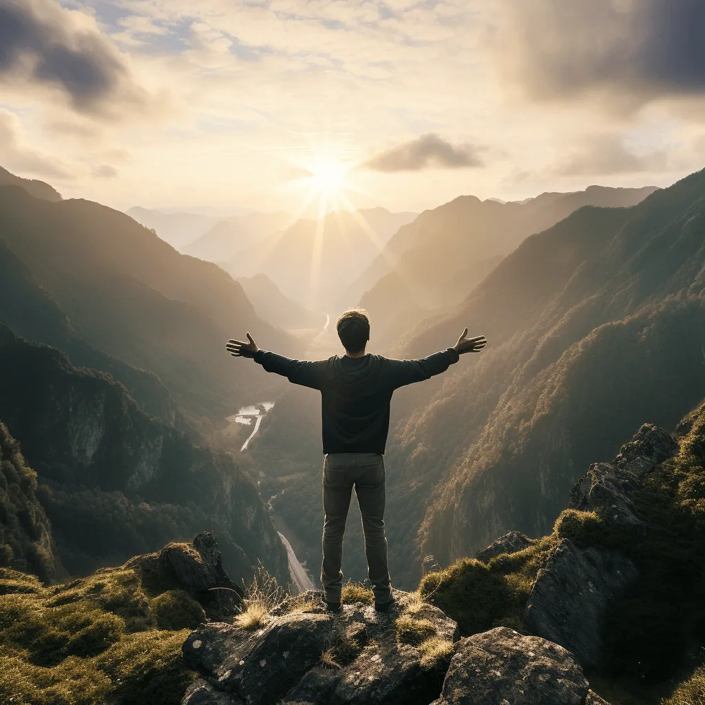 A man is standing on a mountain and experiencing a beautiful hilltop view