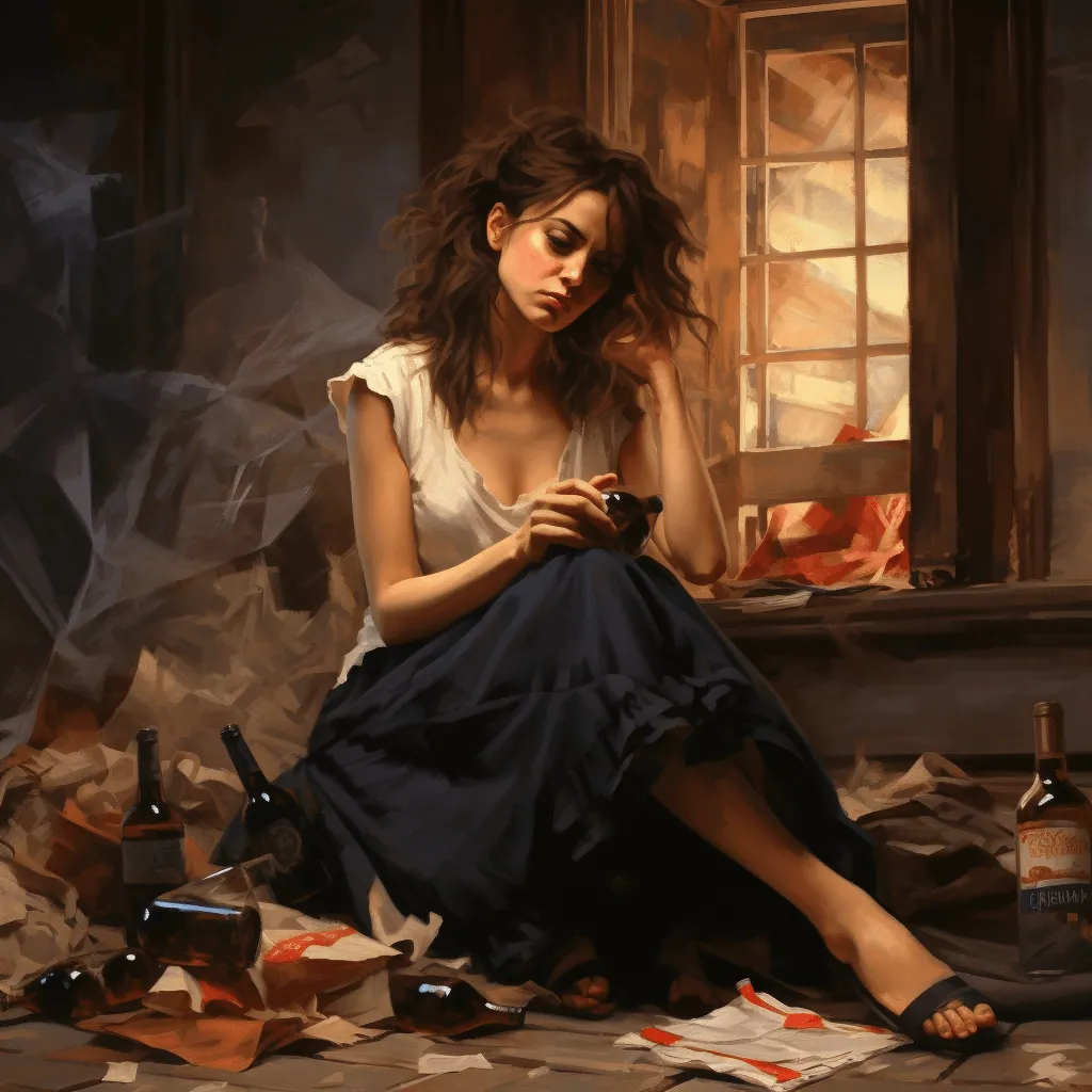 A young lady is sitting in a messy room anxiously, surrounded by bottles of wine, she is lost and tired.