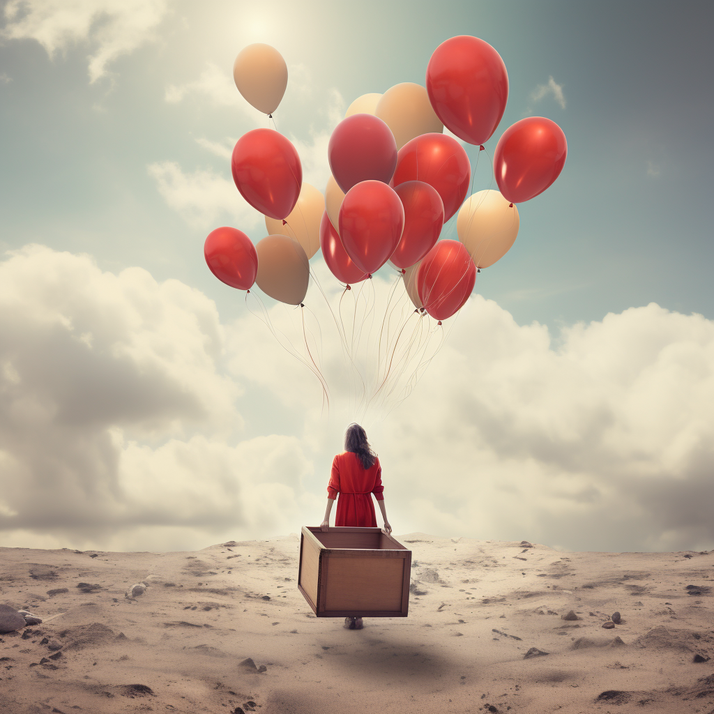 a lady is flying a bunch of balloons which metaphorically explains the art of letting go