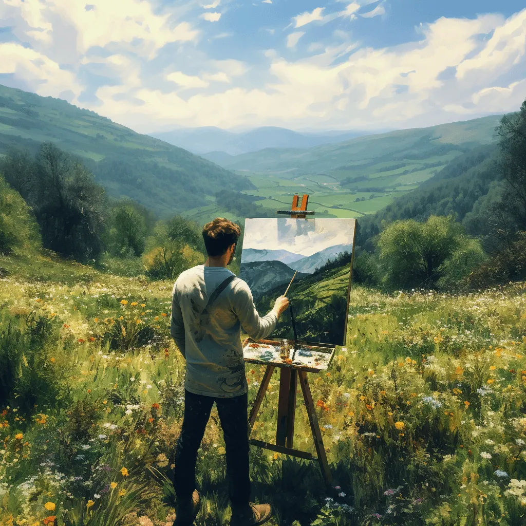 Amidst the serene beauty of a lush green valley, an artist breathes life onto his canvas with every stroke of his brush