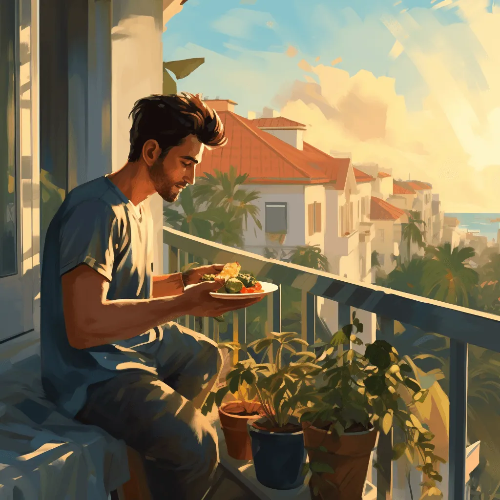 In the gentle morning a young man is having a plate of salad shows the practice of mindful eating.