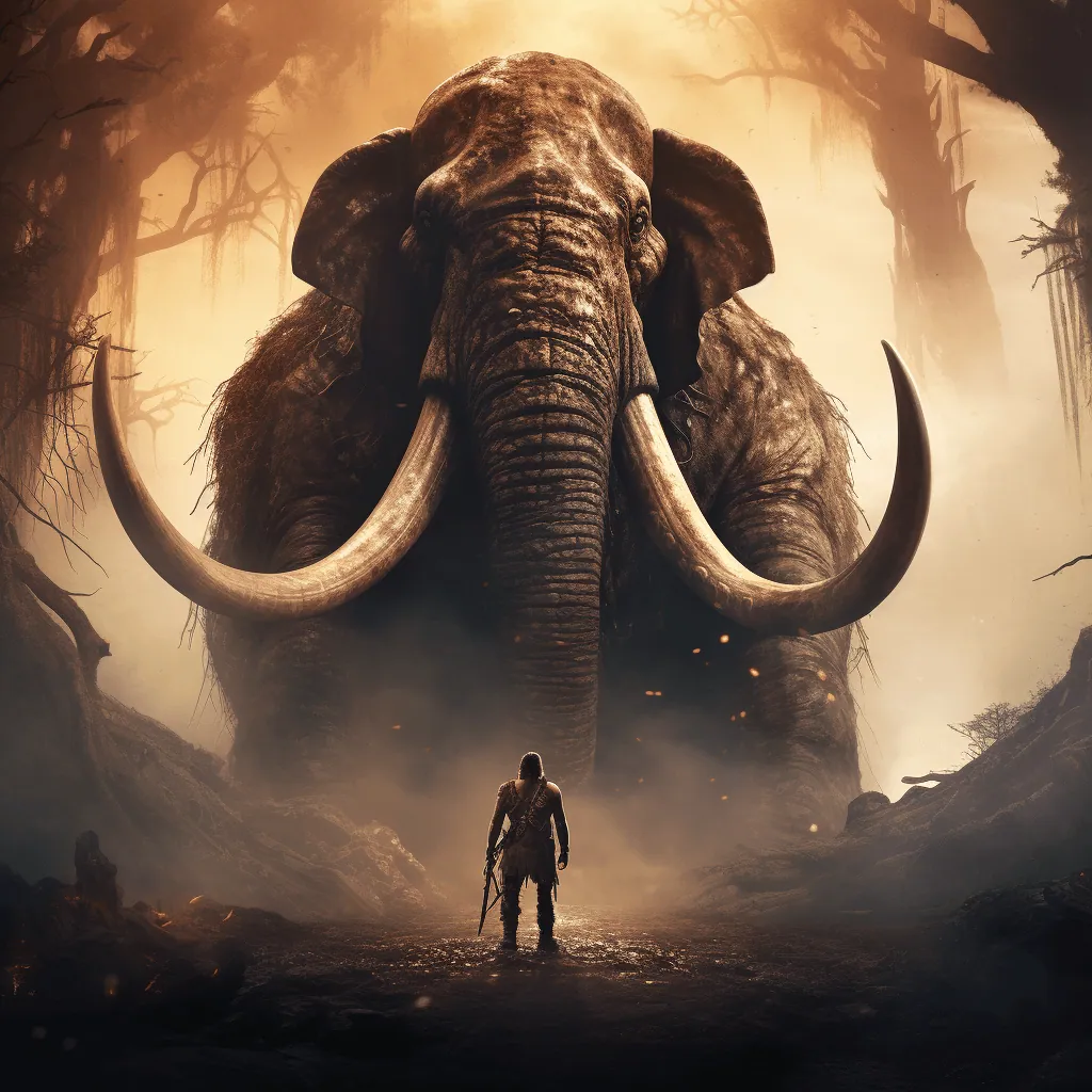 a man is standing in front of a giant tusker